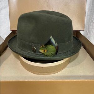 Stetson “Trail Ridge” Olive Green Wool Fedora with Feather Trim - with box